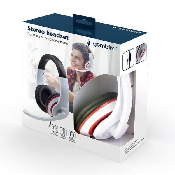 Auscultadores Gembird Stereo MHS-03 3.5MM Branco/Preto c/ Anel Vermelho - Image 3